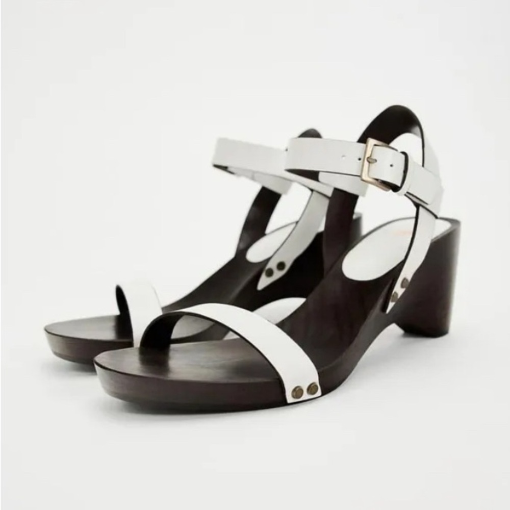 Zara Leather White Wedge Wood-Like Clog Sandals Summer! 50% Off Store Price NWT